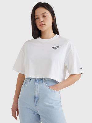 White Tommy Hilfiger Logo Tape Oversized Cropped Women's T Shirts | TH078BYS