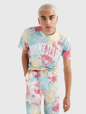 White Tommy Hilfiger Logo Tie-Dye Men's T Shirts | TH035SXJ