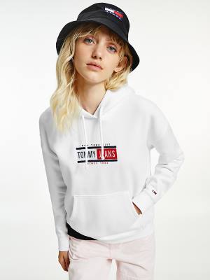 White Tommy Hilfiger Logo Women's Hoodie | TH415RSJ