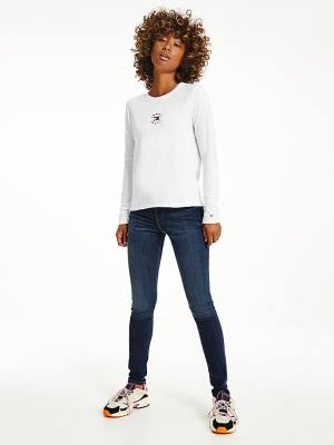 White Tommy Hilfiger Long Sleeve Logo Slim Fit Women's T Shirts | TH296CVB