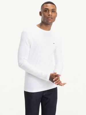 White Tommy Hilfiger Long Sleeved Ribbed Organic Cotton Men's T Shirts | TH435BQO