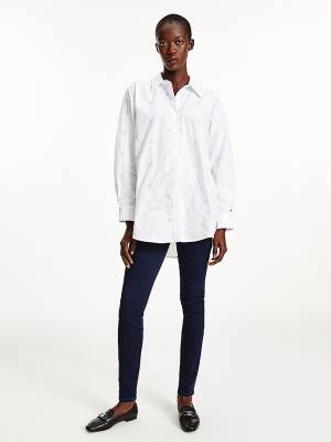 White Tommy Hilfiger Monogram Embroidery Boyfriend Fit Women's Shirts | TH832QMD