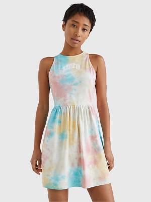 White Tommy Hilfiger Multicolour Tie-Dye Skater Women's Dress | TH356HBD