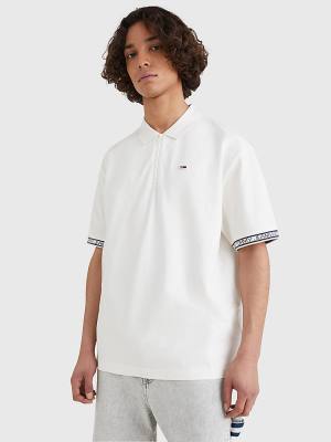 White Tommy Hilfiger Organic Cotton Logo Tape Men's Polo Shirts | TH754YDU