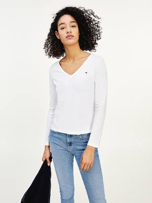 White Tommy Hilfiger Organic Cotton Long Sleeve V-Neck Women's T Shirts | TH107ZXF