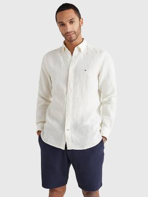 White Tommy Hilfiger Pigment Dyed Regular Fit Linen Men's Shirts | TH974ECD