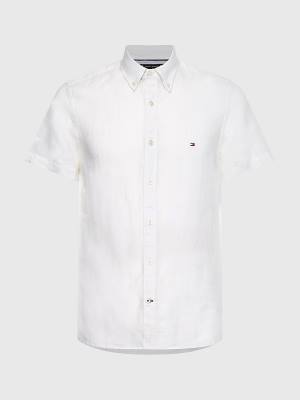 White Tommy Hilfiger Pigment-Dyed Short Sleeve Linen Men's Shirts | TH324ARS