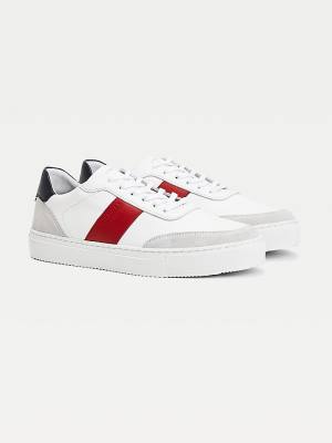 White Tommy Hilfiger Premium Leather Suede Cupsole Men's Sneakers | TH345XJV