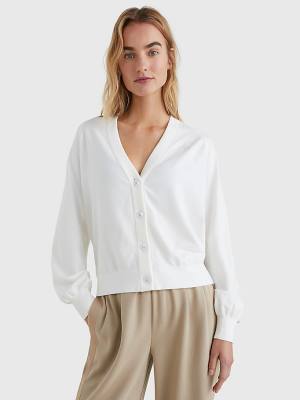 White Tommy Hilfiger Puff Sleeve Relaxed Fit Cardigan Women's Sweaters | TH470ERV