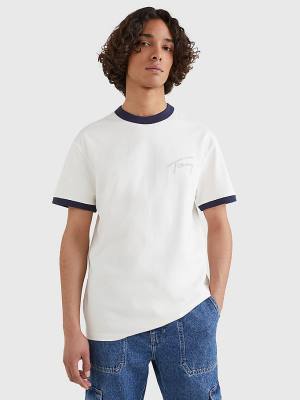 White Tommy Hilfiger Recycled Cotton Signature Logo Men's T Shirts | TH837GEO