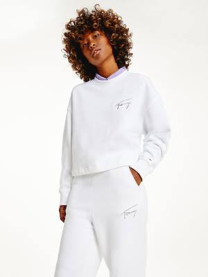 White Tommy Hilfiger Recycled Signature Logo Cropped Women's Sweatshirts | TH410CBT