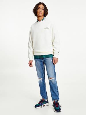 White Tommy Hilfiger Recycled Signature Logo Relaxed Men's Sweatshirts | TH702HFZ