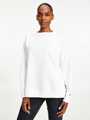 White Tommy Hilfiger Relaxed Fit Text Embroidery Women's Sweatshirts | TH689UNM