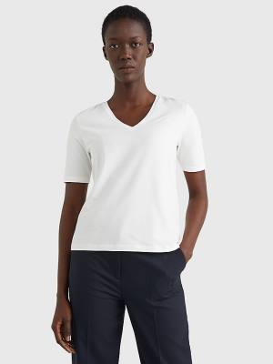 White Tommy Hilfiger Relaxed Fit V-Neck Monogram Women's T Shirts | TH864PAN