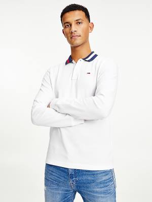 White Tommy Hilfiger Signature Collar Regular Long Sleeve Men's Polo Shirts | TH415EMP