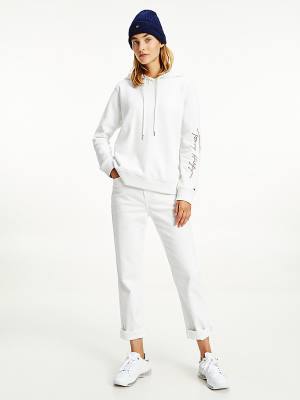 White Tommy Hilfiger Signature Logo Embroidery Women's Hoodie | TH016YKZ