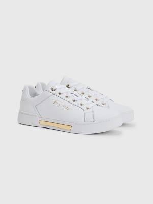 White Tommy Hilfiger Signature Logo Leather Cupsole Women's Sneakers | TH149OGC