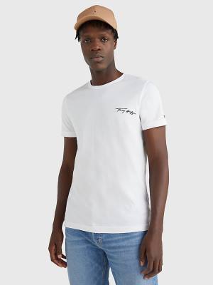 White Tommy Hilfiger Signature Logo Men's T Shirts | TH745AOR