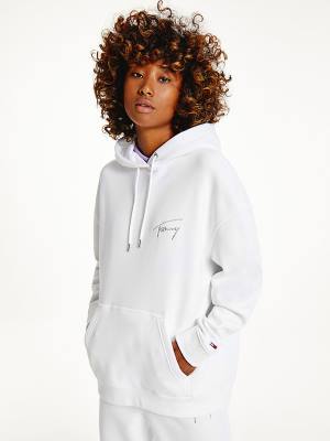 White Tommy Hilfiger Signature Logo Oversized Women's Hoodie | TH483JEK