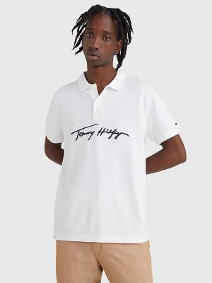 White Tommy Hilfiger Signature Logo Regular Fit Men's Polo Shirts | TH645AYJ