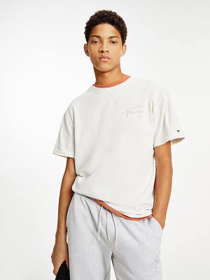 White Tommy Hilfiger Signature Recycled Cotton Men's T Shirts | TH506RPQ