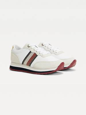 White Tommy Hilfiger Signature Sequin Leather Women's Sneakers | TH674MOQ