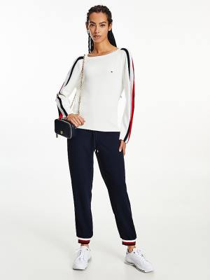 White Tommy Hilfiger Signature Sleeve Round Neck Jumper Women's Sweaters | TH230FEY