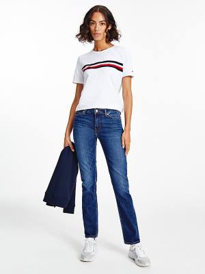 White Tommy Hilfiger Signature Tape Crew Neck Women's T Shirts | TH760HAQ