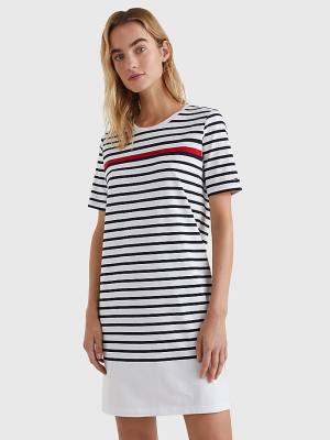 White Tommy Hilfiger Stripe Crew Neck Women's Dress | TH385OPT