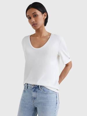 White Tommy Hilfiger Sueded Scoop Neck Relaxed Women's T Shirts | TH830KNC