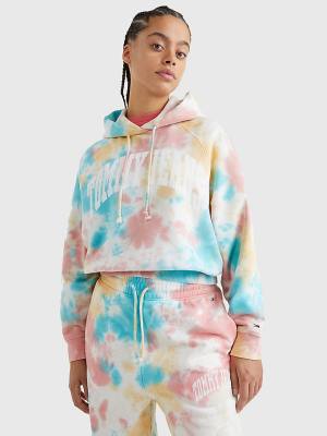 White Tommy Hilfiger Tie-Dye Varsity Logo Boxy Women's Hoodie | TH194RUB