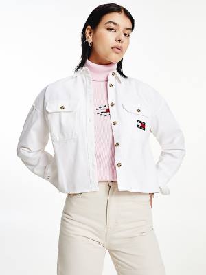 White Tommy Hilfiger Tommy Badge Cropped Utility Women's Shirts | TH684BTV