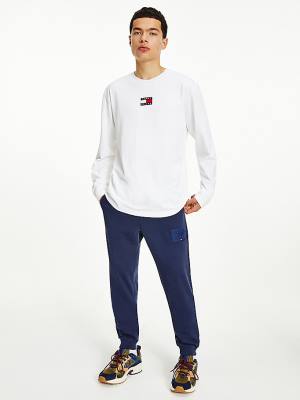 White Tommy Hilfiger Tommy Badge Long Sleeve Men's T Shirts | TH027CBG