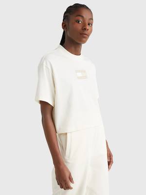 White Tommy Hilfiger Tonal Logo Cropped Women's T Shirts | TH967JYR