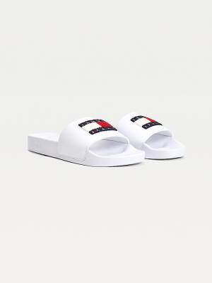 White Tommy Hilfiger Towelling Tommy Badge Slides Women's Sandals | TH896QIE