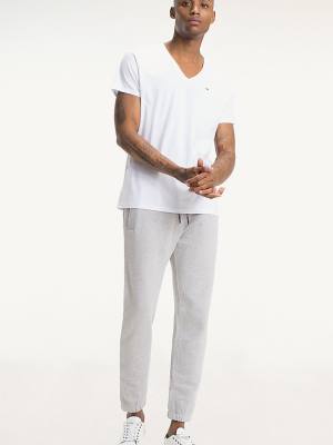 White Tommy Hilfiger V-Neck Men's T Shirts | TH783KVX