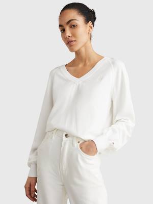 White Tommy Hilfiger V-Neck Puff Sleeve Relaxed Fit Jumper Women's Sweaters | TH876AFC