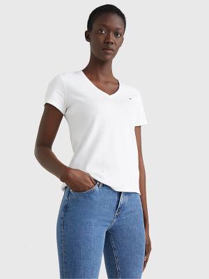 White Tommy Hilfiger V-Neck Slim Fit Women's T Shirts | TH147WDB