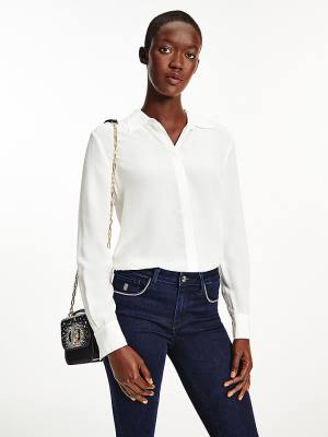 White Tommy Hilfiger Viscose Long Sleeve Relaxed Fit Women's Blouse | TH543POF