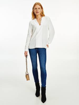 White Tommy Hilfiger Viscose V-Neck Regular Fit Women's Blouse | TH204RSL