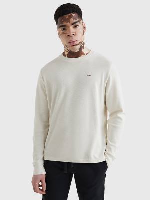 White Tommy Hilfiger Waffle Crew Neck Long Sleeve Top Men's T Shirts | TH846NTM