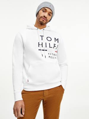 White Tommy Hilfiger Wraparound Logo Fleece Men's Hoodie | TH892OQT