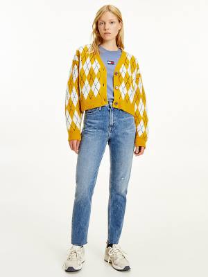 Yellow Tommy Hilfiger Argyle Cropped Cardigan Women's Sweaters | TH524PXQ