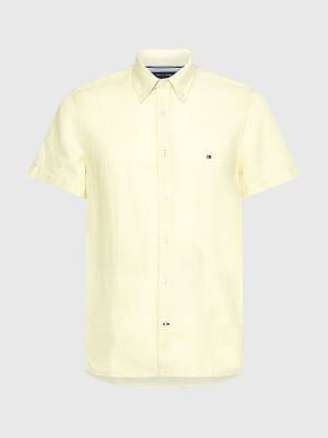 Yellow Tommy Hilfiger Pigment-Dyed Short Sleeve Linen Men's Shirts | TH926CBS