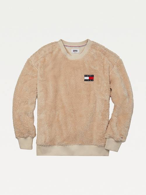 Beige Tommy Hilfiger Adaptive Tommy Badge Fleece Men's Sweatshirts | TH473XYR