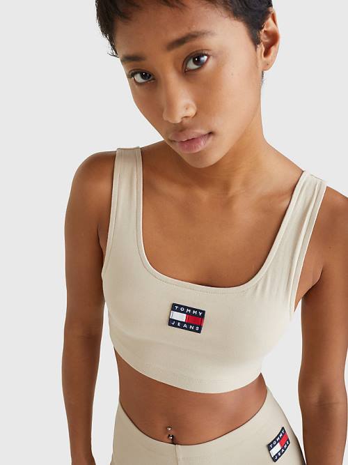 Beige Tommy Hilfiger Badge Cropped Fit Tank Top Women's T Shirts | TH359QKD