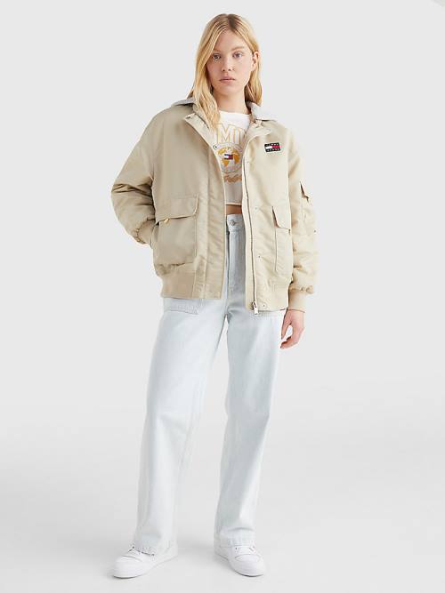 Beige Tommy Hilfiger Badge Hooded Bomber Women's Jackets | TH985CKI