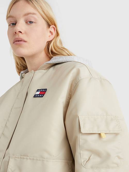 Beige Tommy Hilfiger Badge Hooded Bomber Women's Jackets | TH985CKI