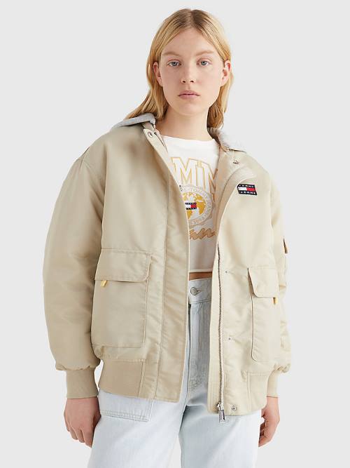 Beige Tommy Hilfiger Badge Hooded Bomber Women\'s Jackets | TH985CKI