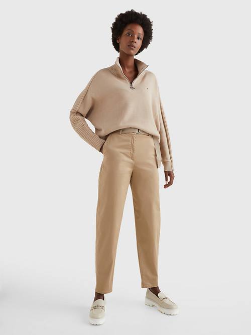 Beige Tommy Hilfiger Belted Waist Tapered Leg Chinos Women's Pants | TH982LSM